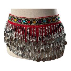 Belly Dance Red Hip Scarf Colorful Gems Silver Coins and Bead Chiffon Wrap Skirt